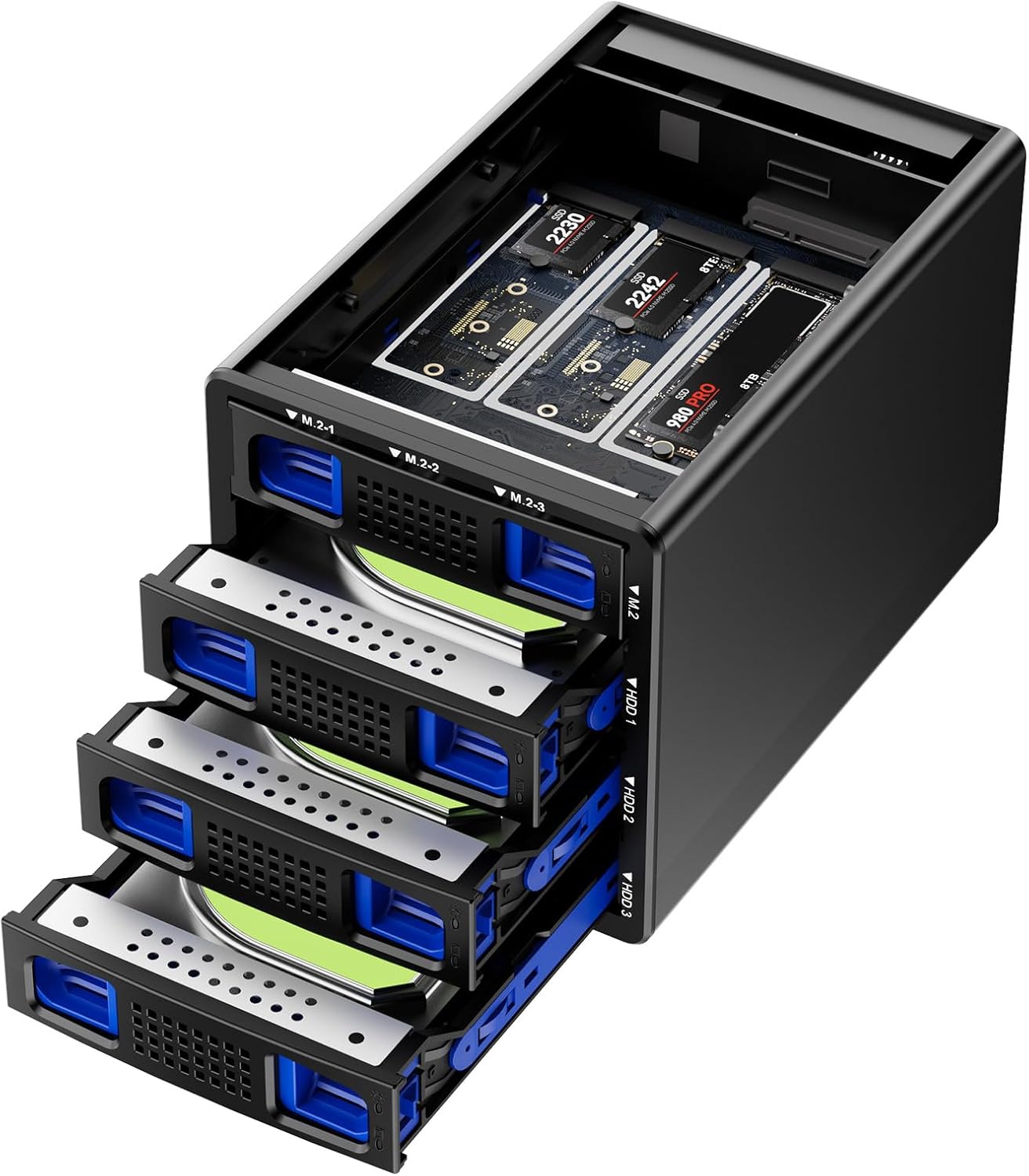 Hybrid 3*2.5/3.5" SATA HDD/SSD(2 HDDs Support 4 RAID Mode)+3* M / B+M Key M.2 NVMe Enclosure with Fan, USB A/C 3.2 Gen 2, Hard Drive Enclosure Support 90TB(3*22TB HDD+3*8TB 2230/42/60/80/110 SSDs)