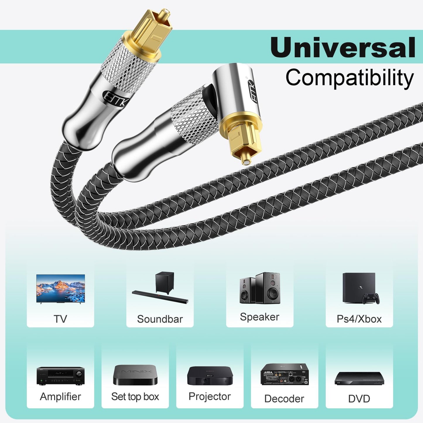 EMK Premium 24K Gold-Plated Right Angle Optical Cable – 90° Toslink to Toslink (3M/10Ft), 360° Rotatable for Soundbars, TVs & Home Theater