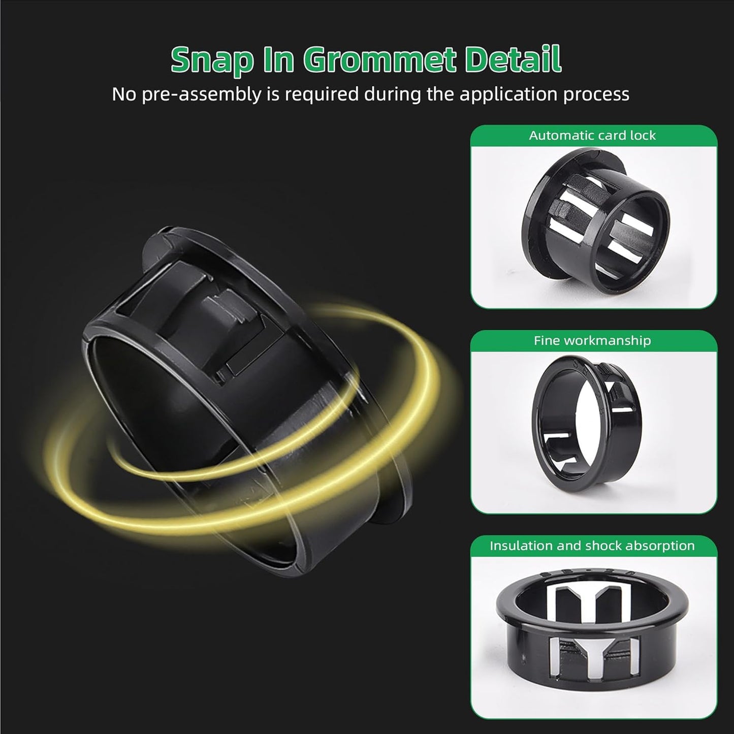 5/16"(8mm) Black Snap-in Knockout Insulating Bushing Grommets, Plastic Cable Hole Grommets for Wiring, Round Nylon Snap in Locking Electrical Wire Cord Hose & Tubing Bushings Grommets, 70pcs