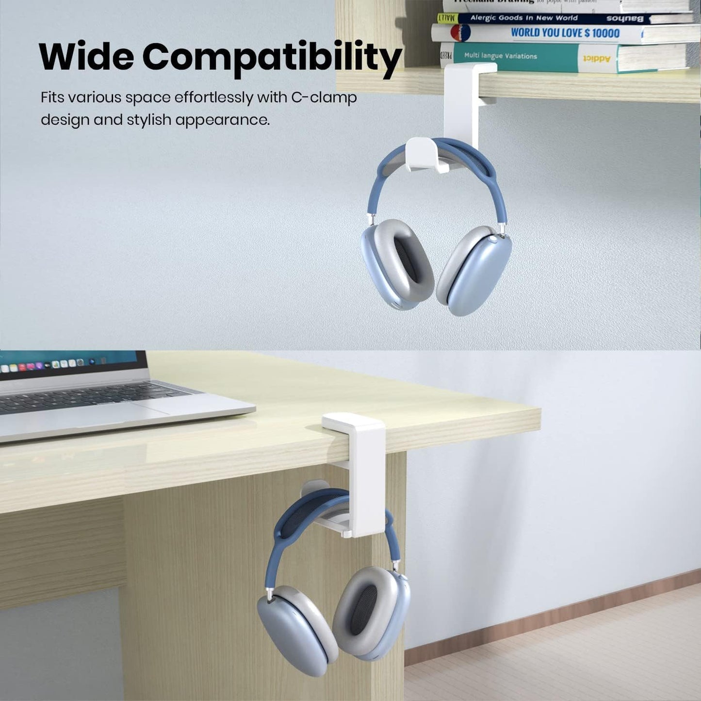Rotating Headphone Stand - EURPMASK PC Gaming Headset Stand, Adjustable Clamp-on Headphone Holder, Headphone Hanger Hook Under Desk with 360 Degree Swivel&Cable Clip Organizer - White, 2 Pack