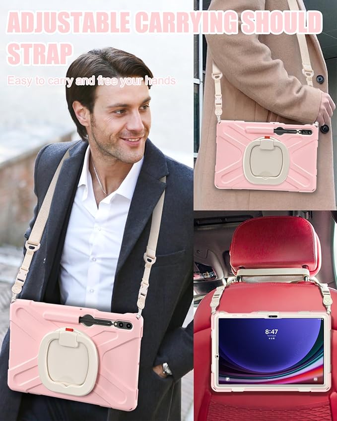 BRAECN Case for Samsung Galaxy Tab S9+/S8+/S7 FE/S7+ 12.4, Drop-Proof Rugged Case with Shoulder Strap, S Pen Holder,Stable Kickstand,Handle Grip for Galaxy Tab S9 Plus SM-X810/X816B/X818U-Sakura Pink