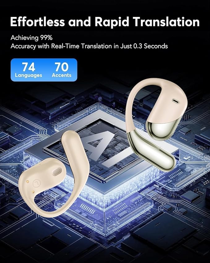 AI Translation Earbuds Real Time - Audifonos Traductores Inglés Español, 3-in-1 Translator Device, Supports 144 Languages & Accents, Open Ear Earbuds with Charging Case，Beige Khaki
