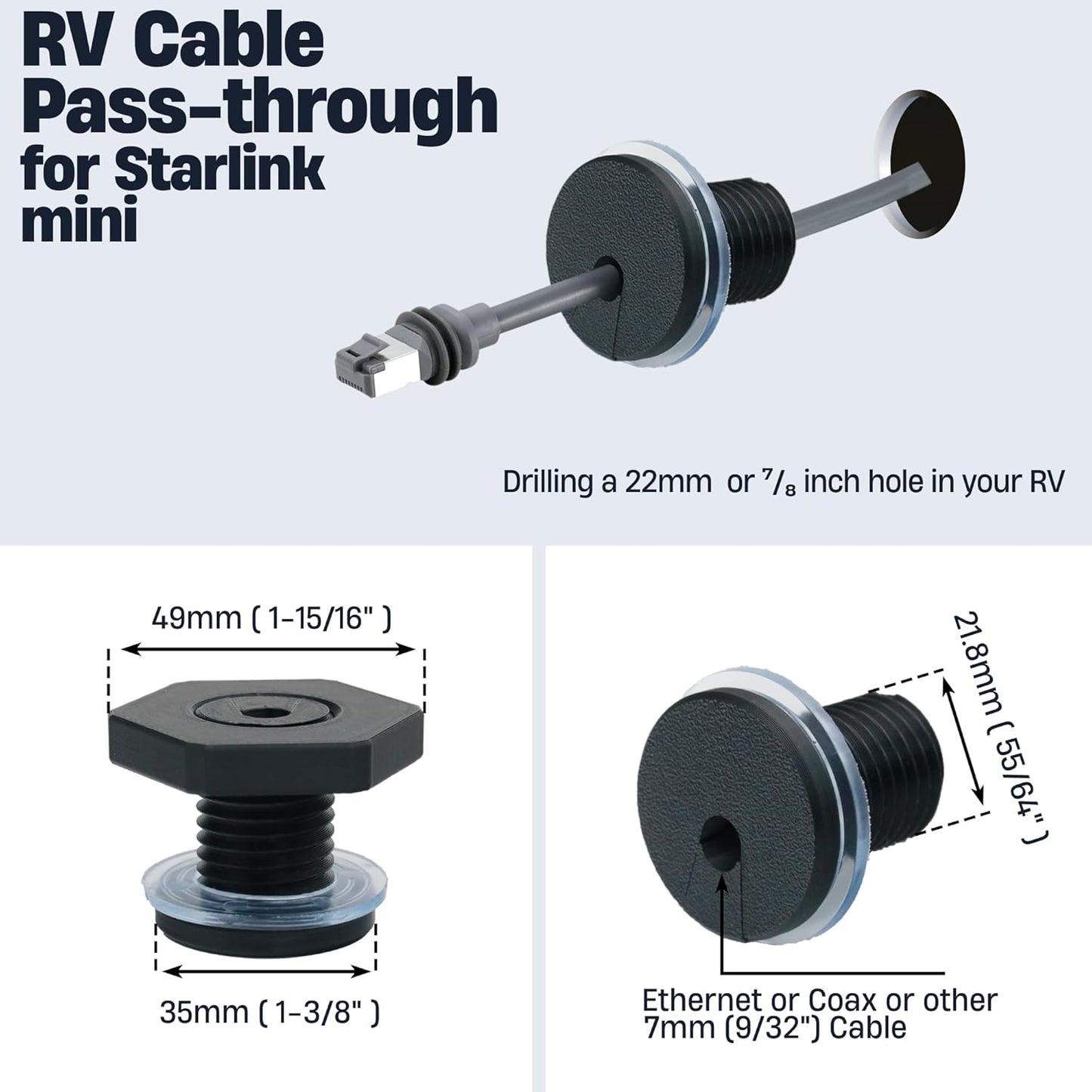 RV Cable Passthrough for Starlink mini, RV Cable Grommet Compatible with Starlink, Ethernet, Coax, Water-Resistant and Anti-Drop RV Cable Routing(Gray)
