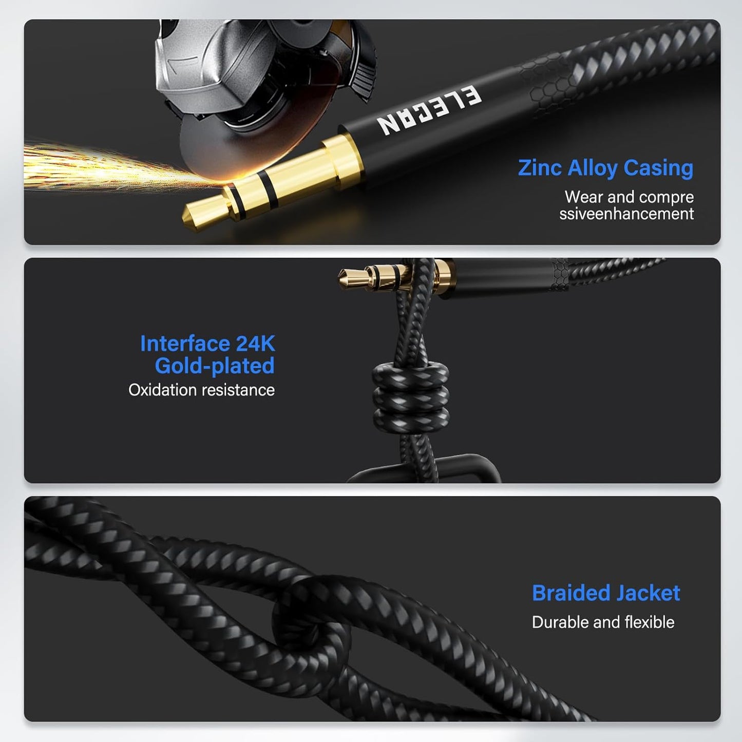 Elecan Headphone Extension Cable 1 Ft/2 Pack, 1/8 Inch 3.5 MM AUX Cord Wire Male to Female, Hi-Fi Sound Thin&Slim Braided TRS Stereo Audio Beats Cable Extender for Car,Home Stereos, Speaker,Phones