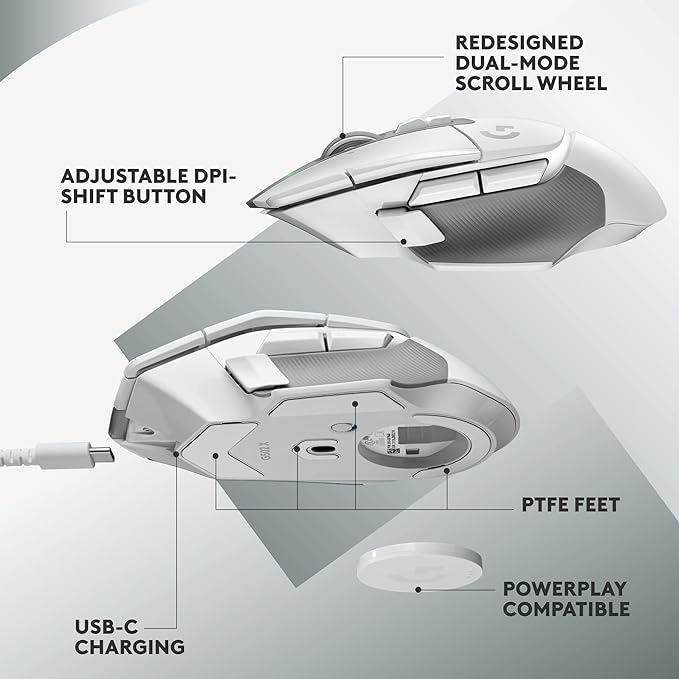 Logitech G502 X Lightspeed Wireless Gaming Mouse - LIGHTFORCE hybrid optical-mechanical switches, HERO 25K gaming sensor, compatible with PC - macOS/Windows - White