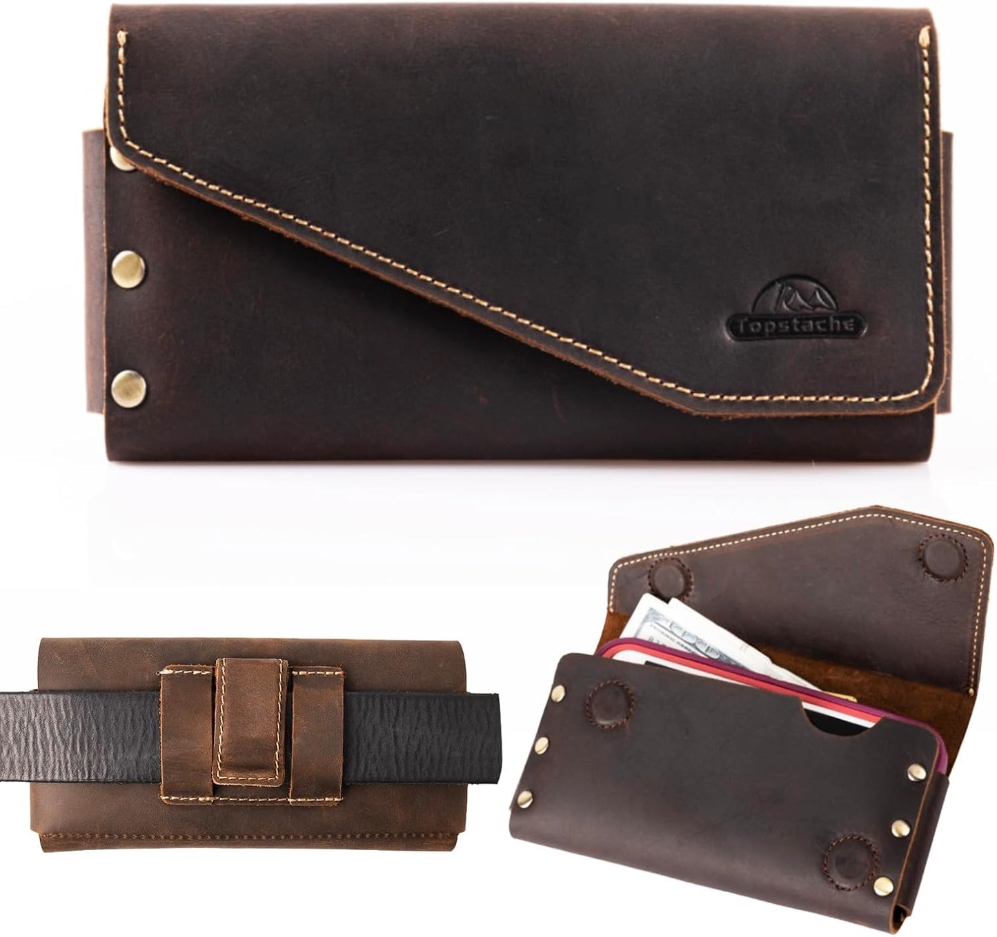 Topstache Leather Phone Holster with Belt Clip,S22 Ultra Belt Holder,iPhone 14 Pro Max Case for Belt,Leather Belt Pouch for Universal Smartphone with Otterbox Case,Flip Cellphone Pouch,XL,Darkbrown
