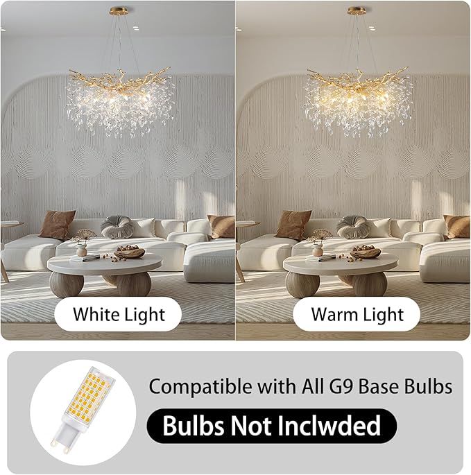 YUYI Modern Crystal Chandelier, 30" Gold Tree Branch Chandelier, 10-Light Round Chandeliers for Dining Room, Living Room, Kitchen, Foyer, Entryway, Bedroom, Luxury K9 Crystal Raindrop Light Fixture