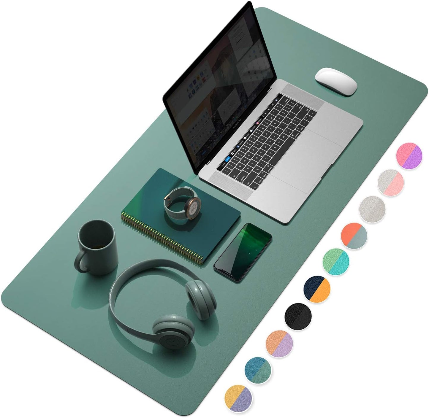 YSAGi Desk Mat, Desk Pad, 35.4" x 17" Laptop Leather Desk Pad Protector, Large Leather Desk Blotter for Keyboard and Mouse, Dual-Sided Desk Writing Pad for Office (Pistachio Green + Green Blue)
