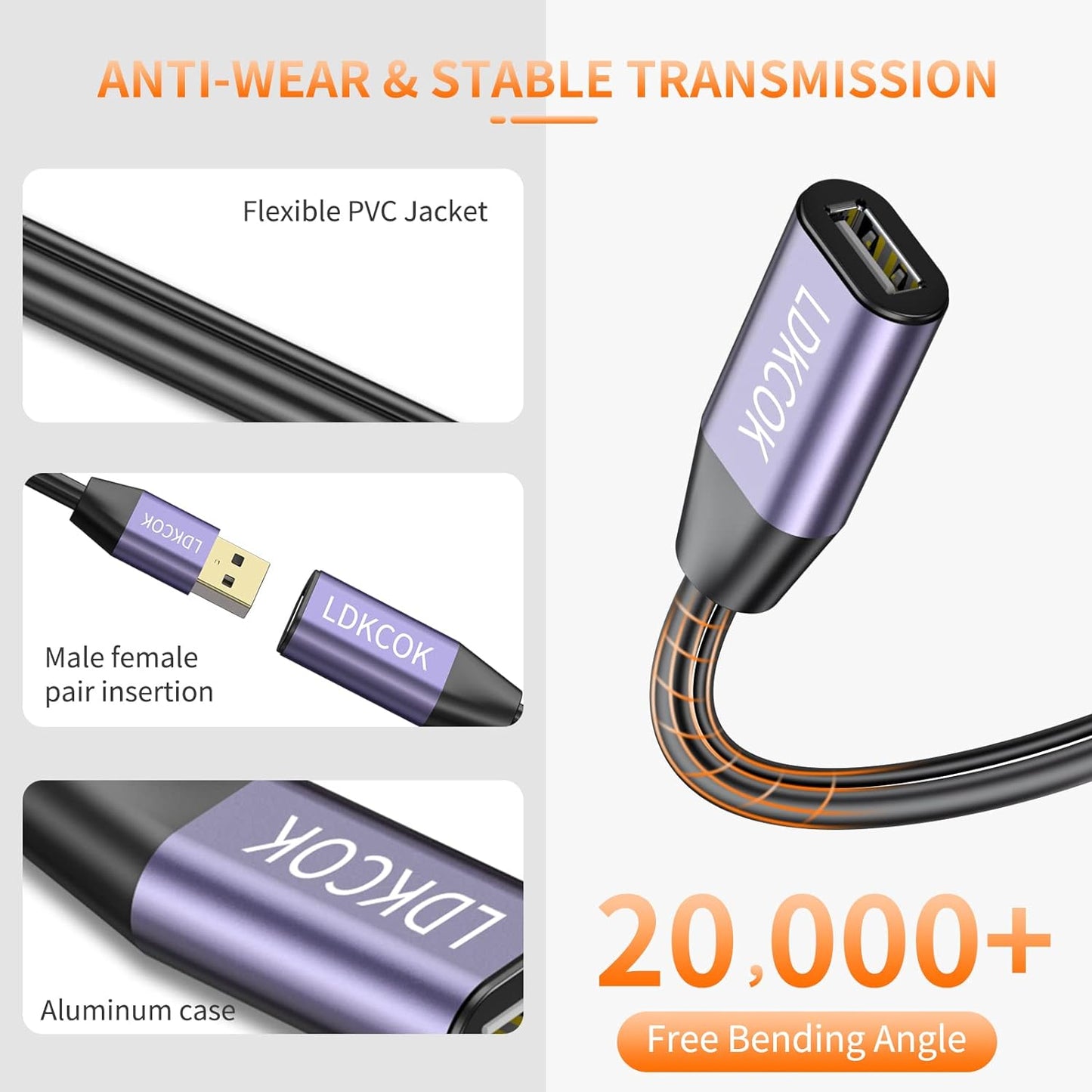 LDKCOK USB 2.0 Type A Male to A Female Active Repeater Extension Cable 30ft, High Speed 480 Mbps