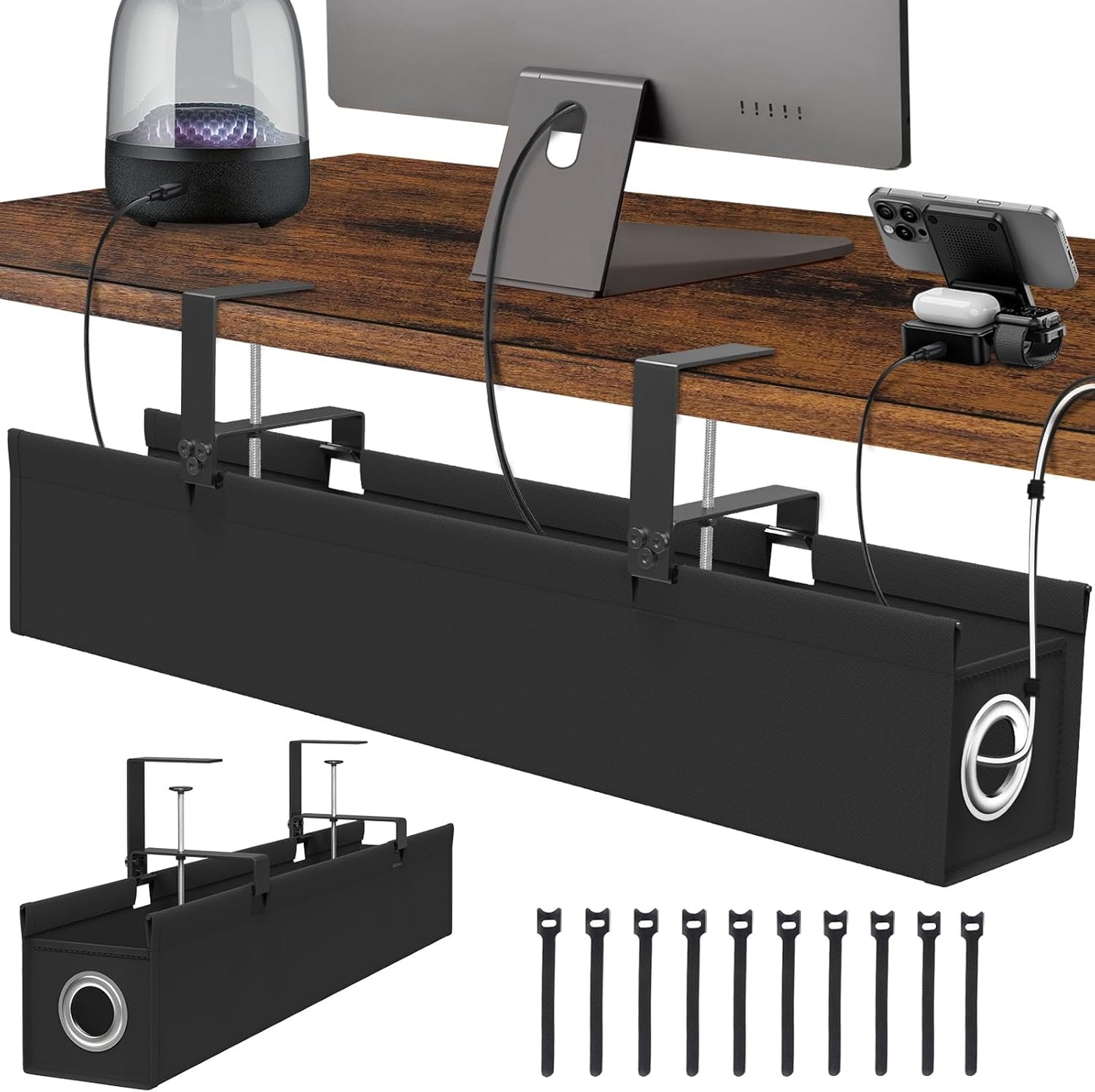 Under Desk Cable Management Tray No Drill, 30 Inch Cord Organizer with Oxford Fabric, Clamp Mount, Holds 60 lbs, Large Cable Rack for Gaming & Home Office Standing Desk