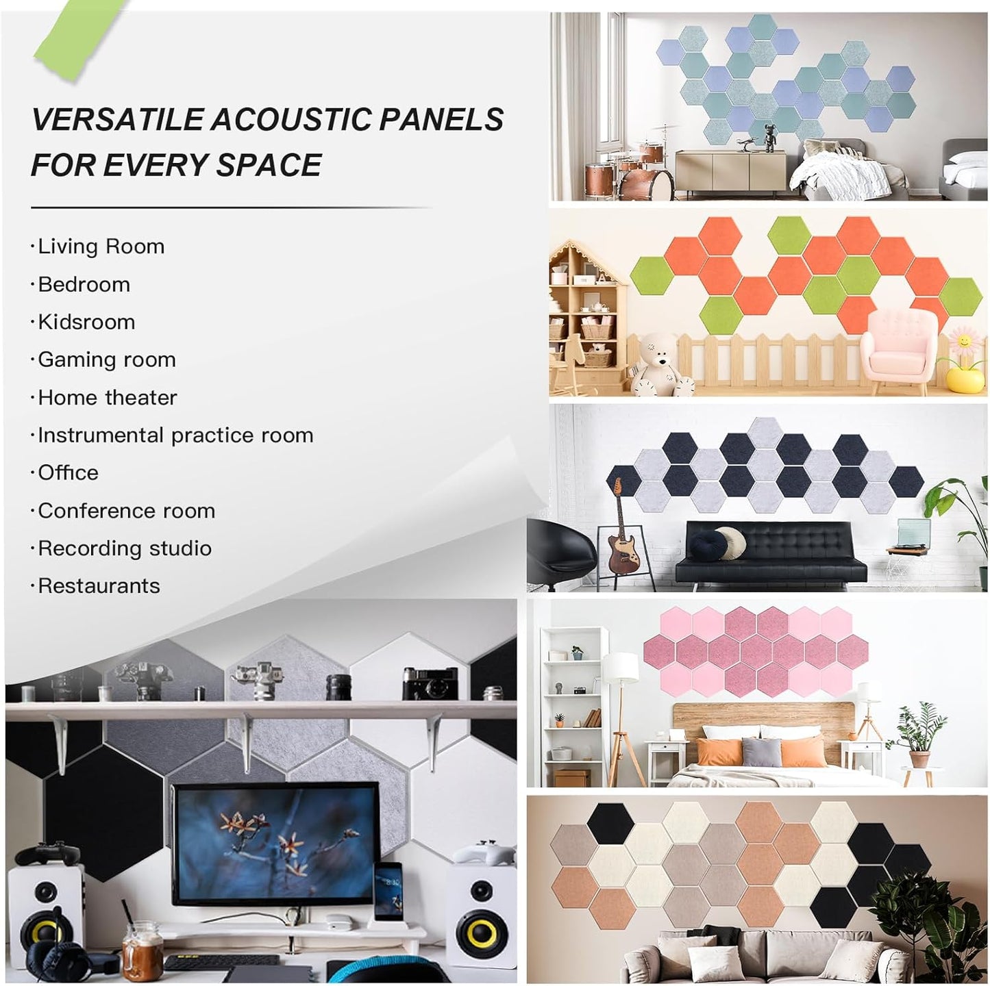 Mollywell Hexagon Acoustic Panels, High Density, Soundproofing, Decorative Noise Reduction Felt Wall Tiles for Ceilings, Home Office & Gaming Room (Ink Blue), 14x12x0.4 Inch