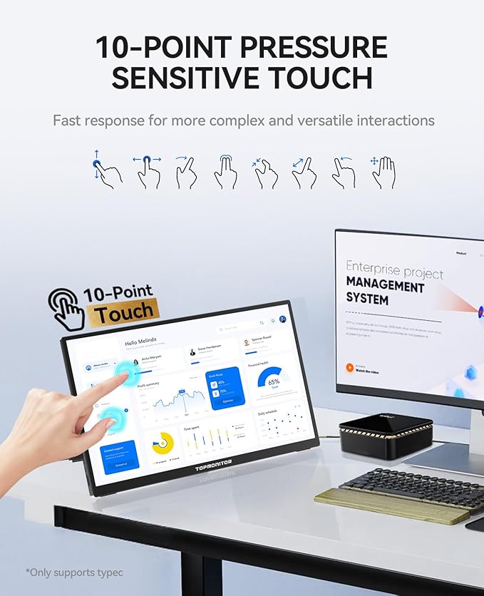 Portable Monitor Touchscreen 15.6" 1080P FHD IPS, 10-Point Touch Travel Gaming Display with Dual Speakers & Kickstand, USB-C HDMI External Screen for Laptop, MacBook, Phone, PS5, Switch