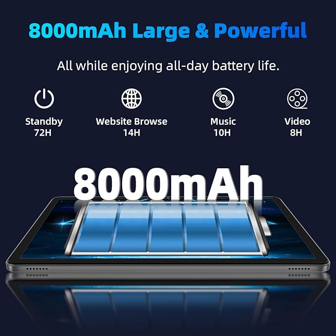 2025 Android 15 Tablet 11inch, Face Unlock, 18W Fast Charging, 12GB+128GB+1TB Expand, Octa-core CPU, 8000mAh Large Battery, WiFi6, Touchscreen Display, Widevine L1 Tableta, Black