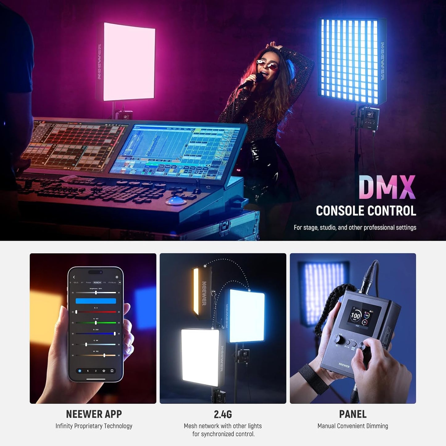 NEEWER 115W Flexible LED Video Light, Studio RGB Panel Light Mat Kit with Softbox APP/2.4G/DMX Control 2500K-10000K 14700lx/0.5m CRI96+, Key Lighting for Photography Streaming Video Recording, FL100C