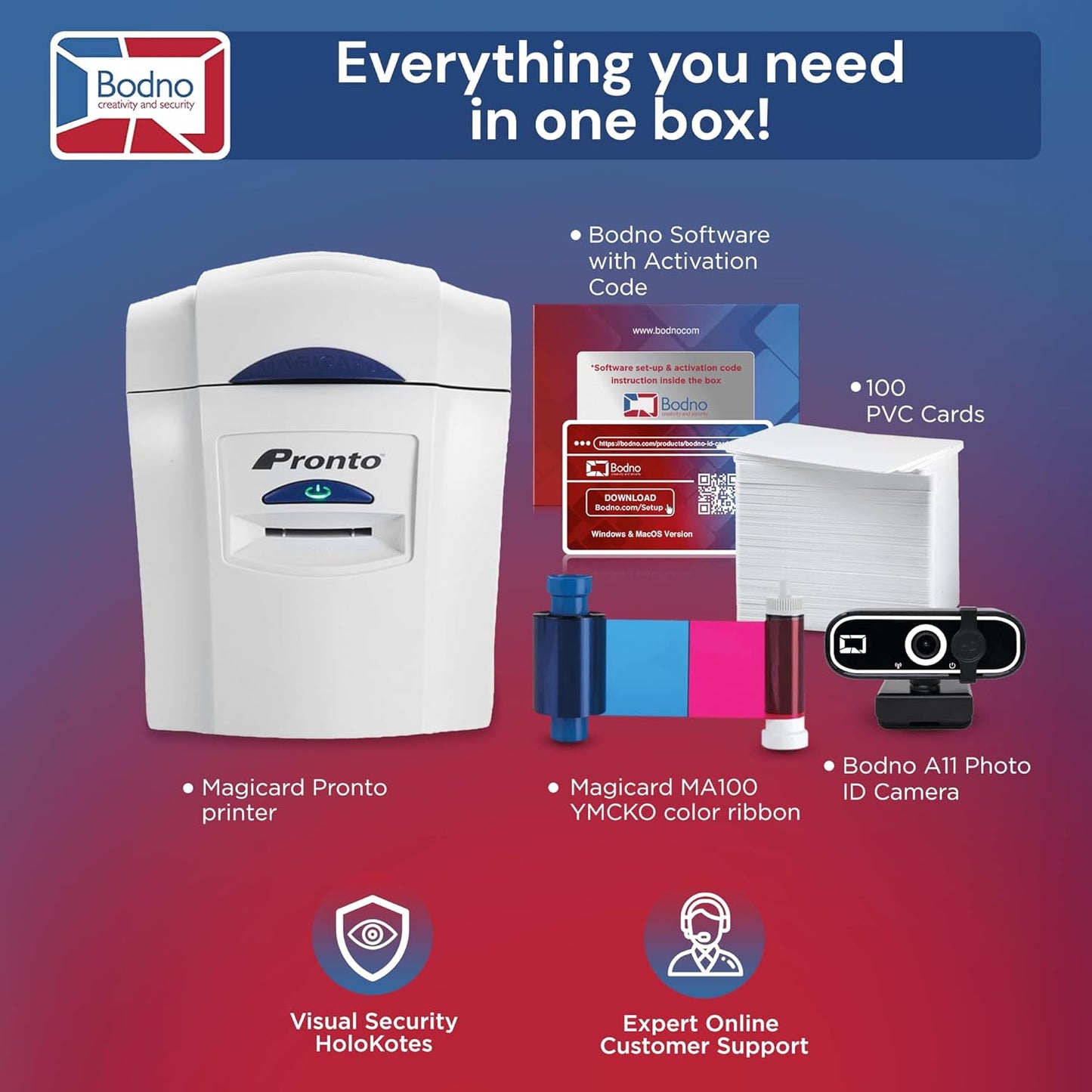 Bodno Magicard Pronto ID Card Printer & Complete Supplies Package ID Software and Camera - Bronze Edition