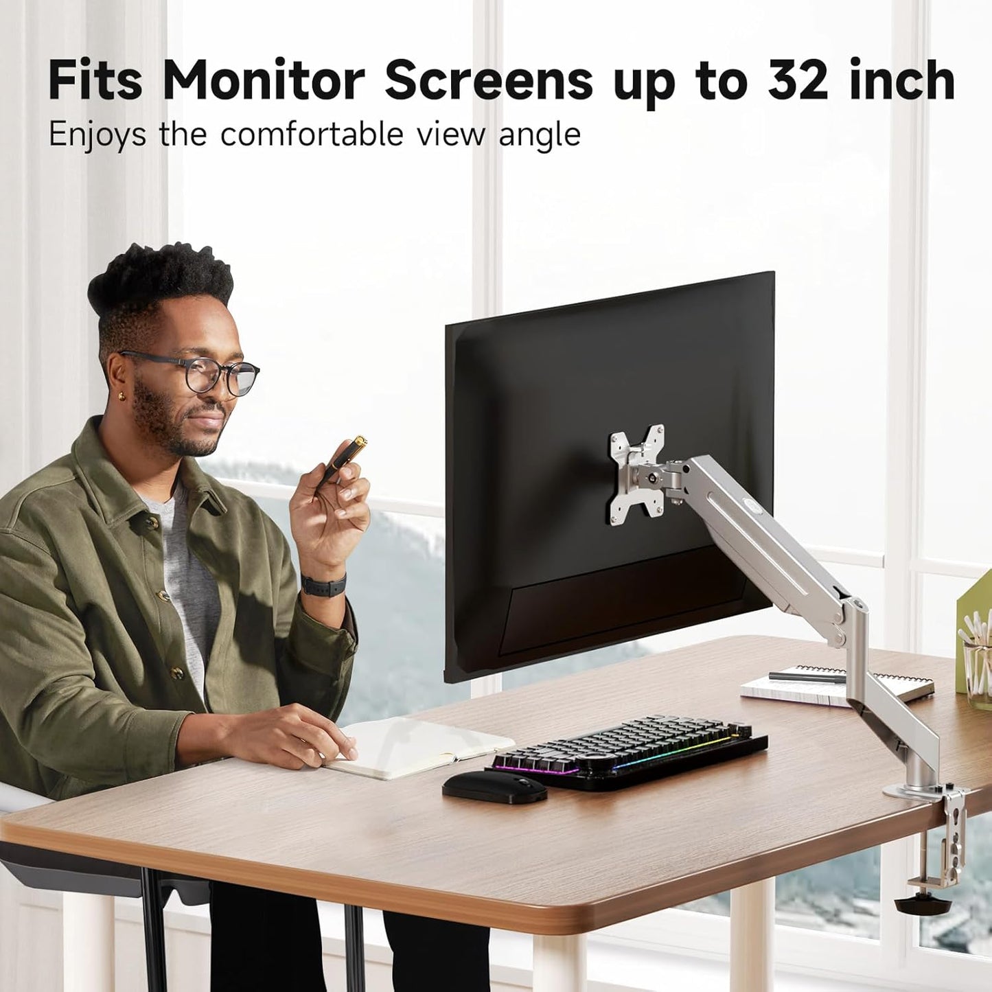 Suptek Single Monitor Mount Stand,Gas Spring Monitor Arm Desk Mount Fully Adjustable for 17 20 22 23 24 26 27 inch Monitors Weight Capacity up to 13.2 lbs (Silver)