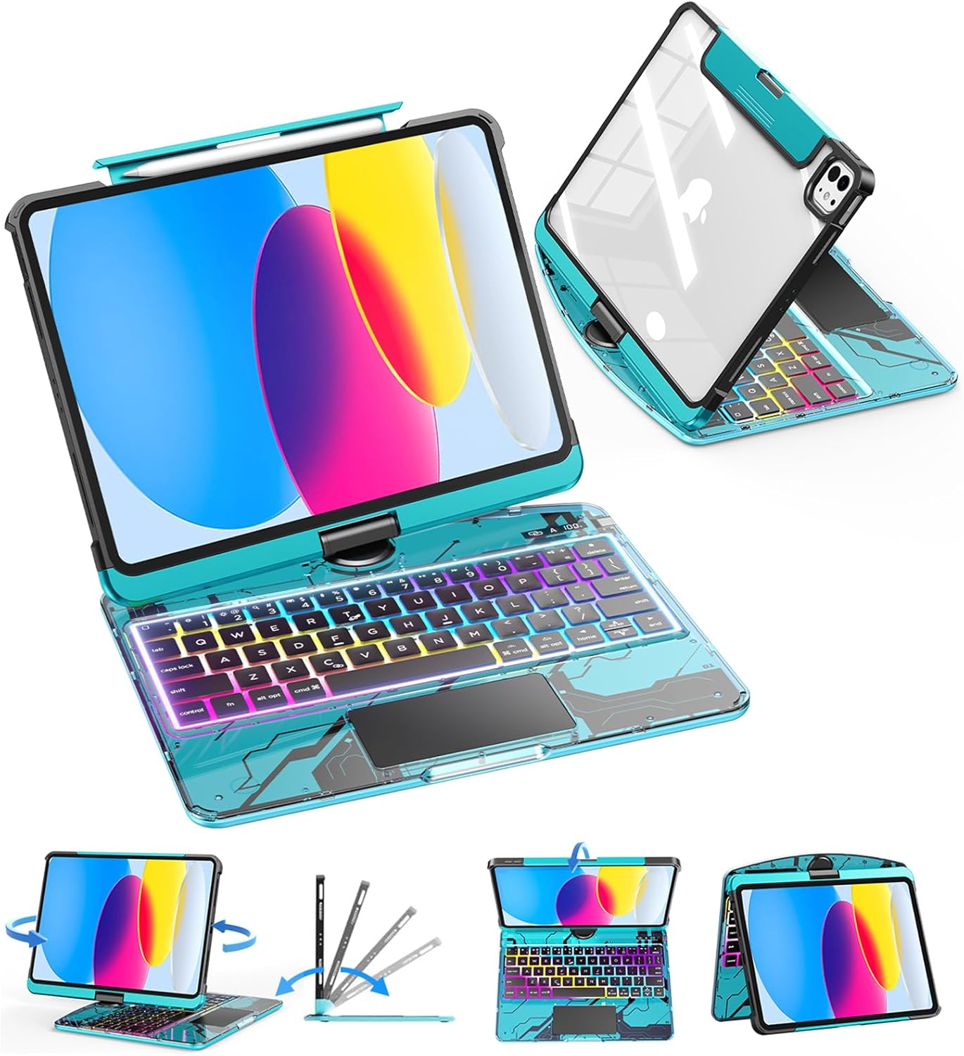 SIBEITU Keyboard Case for iPad A16 11th Gen 11" 2025 & 10th Gen 10.9" 2022, Clear Wireless Keyboard Protective Cover with Multi-Touch Trackpad, 7-Color Backlight & 3-Brightness, 360 Rotatable, Blue