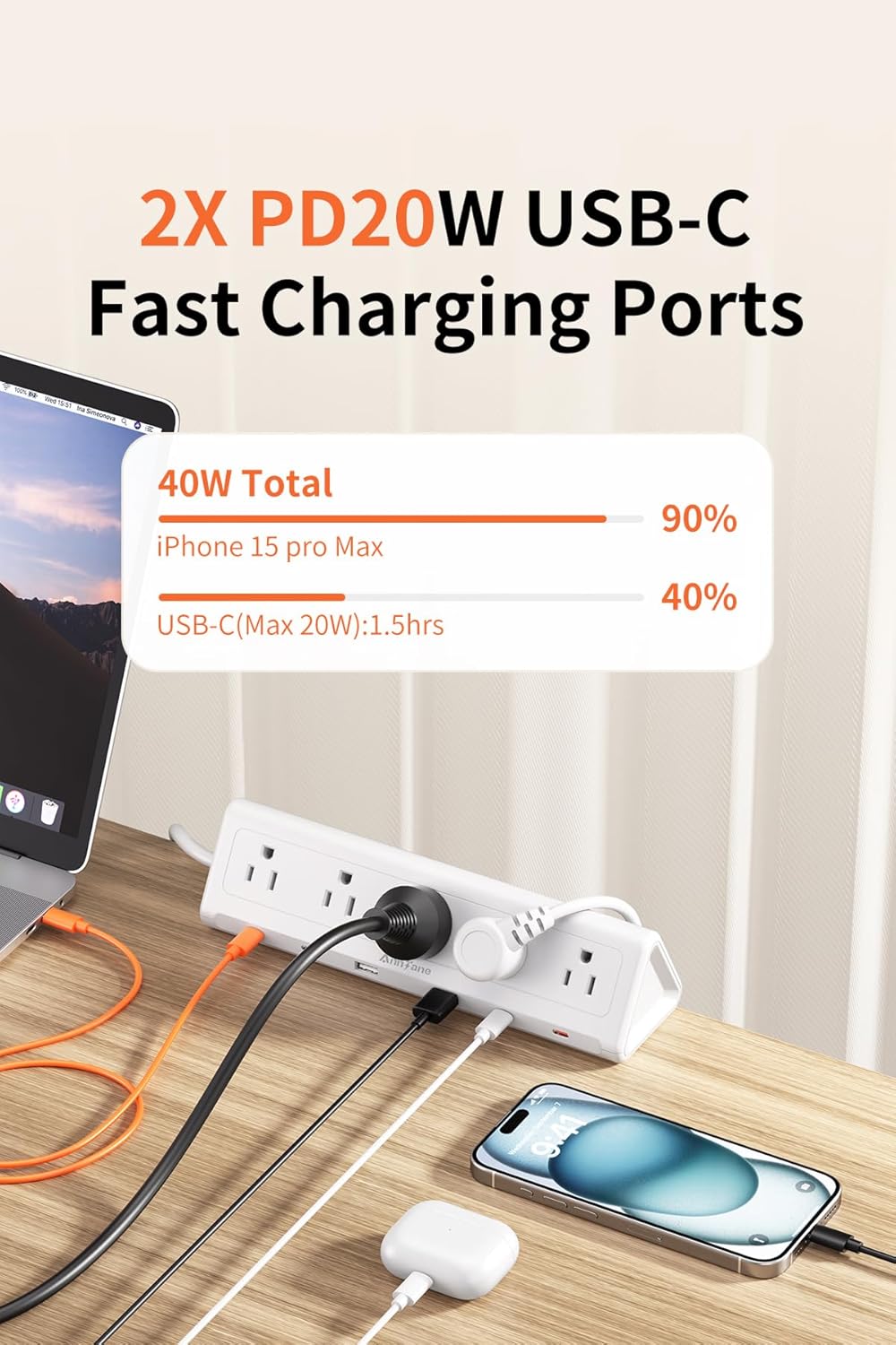 6.5 FT Desk Clamp Power Strip with 5 AC Outlets & 6 USB Ports PD 40W USB-C Fast Charging, 1250J Surge Protector, Fits 2.6 in top Edge White