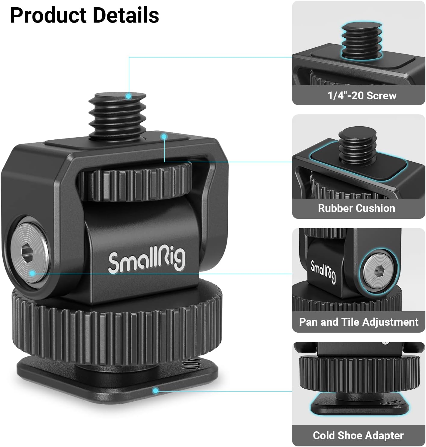 SmallRig 1/4" Mini Ball Head Cold Shoe Mount Adapter with 1/4"-20 Thread for Camera Phone Cage LED Video Light-3577