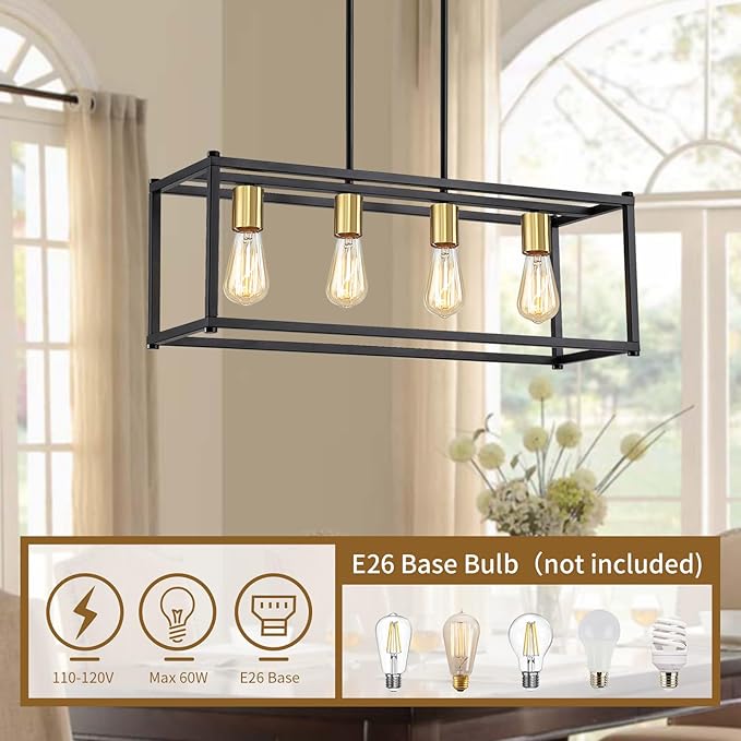 4-Light Dining Room Light Fixture,Black Farmhouse Kitchen Island Lighting,Rustic Pendant Light Over Table with Adjustable Rods,Modern Linear Chandeliers for Dining Room Kitchen Island