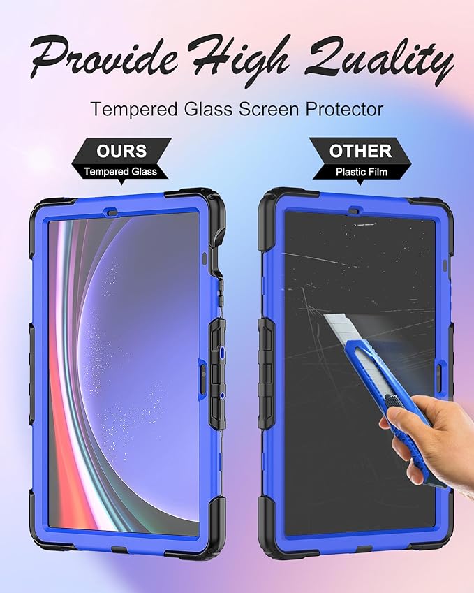 Case for Samsung Galaxy Tab S10 Plus/ S9 FE Plus/ S9 Plus 5G Tablet 12.4'', Shockproof Protective Cover with [Tempered Glass Screen Protector], Stand, Shoulder Strap & S Pen Holder (Blue)