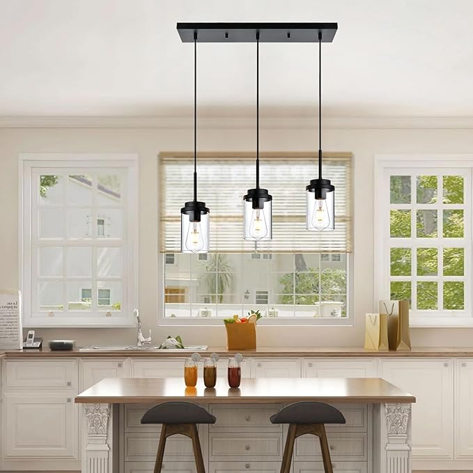 MELUCEE 3 Lights Linear Chandelier Black Finish Kitchen Pendant Lighting Over Island Dining Room Light Fixtures Ceiling Hanging Lamp with Clear Glass Shade, 20.5 Inches Length