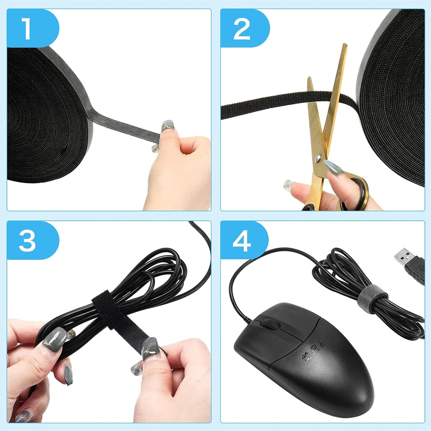 WILLBOND 1/2 Inch x 45ft Fastening Tape Cable Ties Reusable Fastening Nylon Tape Double Side Hook Roll Hook and Loop Straps Wires Cords Management Wire Organizer Straps (Black)