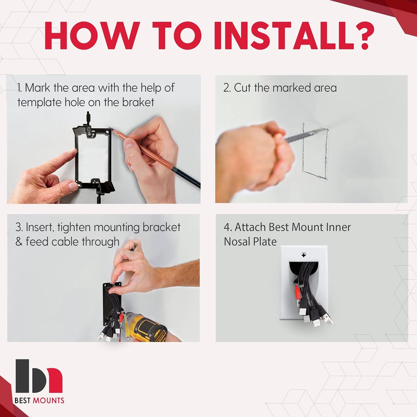 BestMounts - 12 Pack Inner Nose Behind Wall Cable Management TV Cord Hider for Wall Mounted TV - Single Gang Low Voltage Recessed Wall Plates Cable Pass Through for Wires, HDTV, HDMI (White)