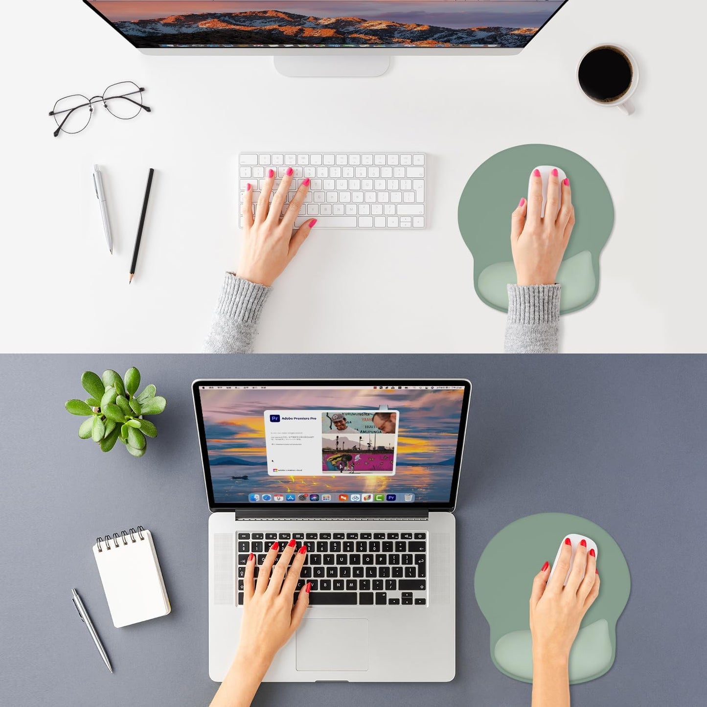 ITNRSIIET Ergonomic Mouse Pad with Wider Memory Foam Wrist Rest +17%, Curved Cushion Reduces Pressure 20%, Pain Relief, Non-Slip, Smooth, Cute Color Desk Accessory, 9.85 x 9 inch, Sage Mint Gradient