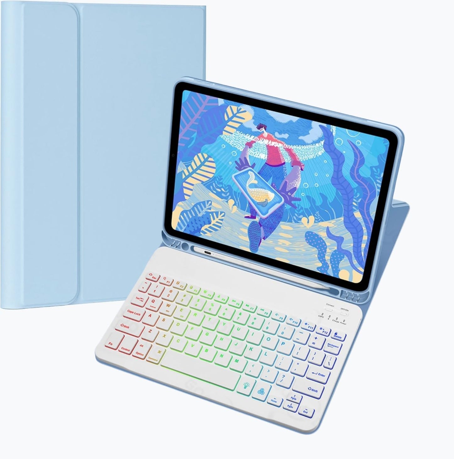 Keyboard Case for Galaxy Tab S10 Lite/ S10 FE/ S9 FE/S9/S8/S7, Slim Lightweight 7 Color Rainbow Backlight Detachable Magnetic Keyboard Cover with S Pen Holder, Sky Blue