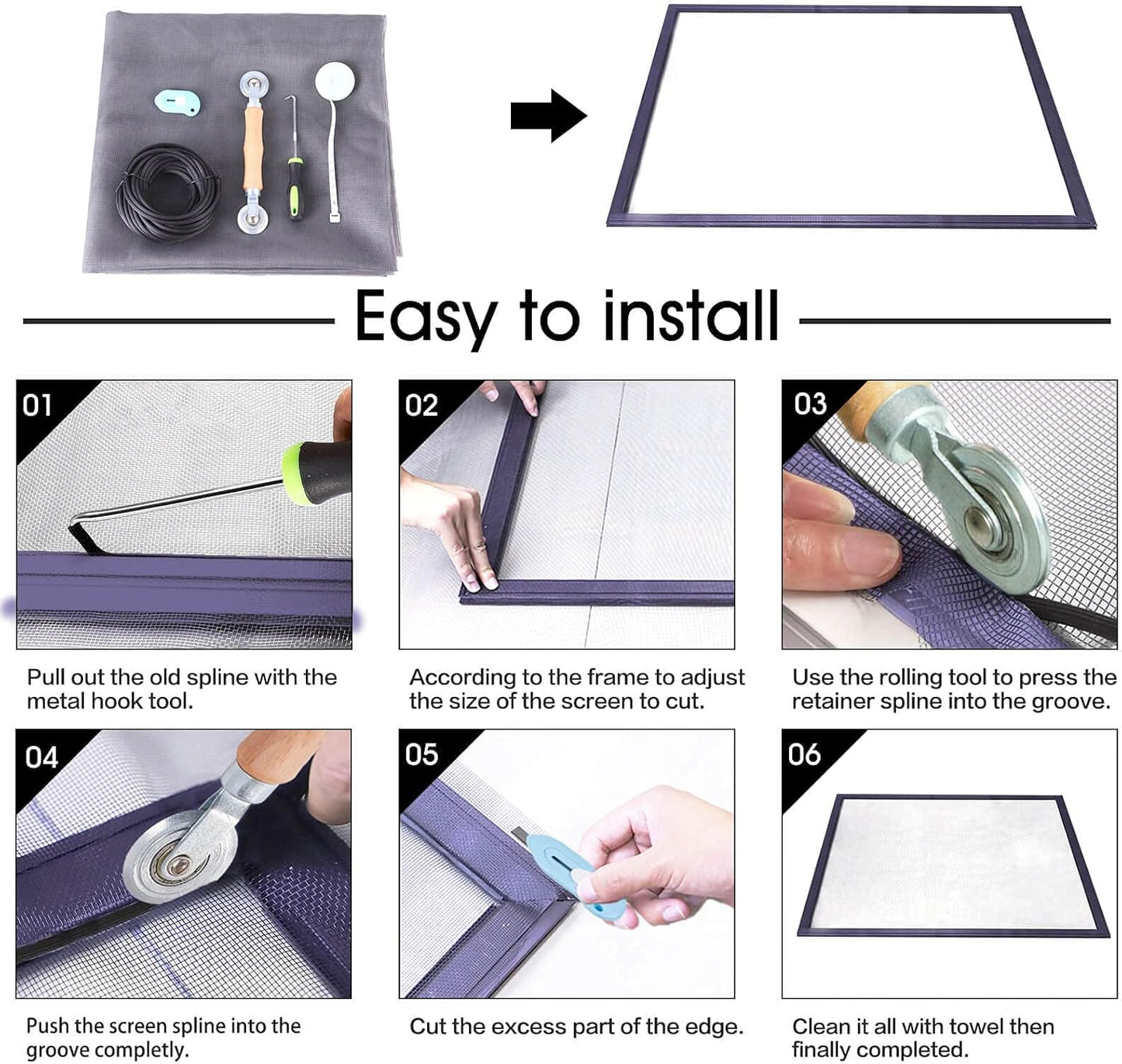 Windows Screen and Screen Door Repair Kit - 48"x118" Fiberglass Mesh Gray with Rolling Tool/Hook/Ruler/Cutter/Spline - Window Screen & Sliding Screen Door Replacement for Windows, TOOLTRIZ