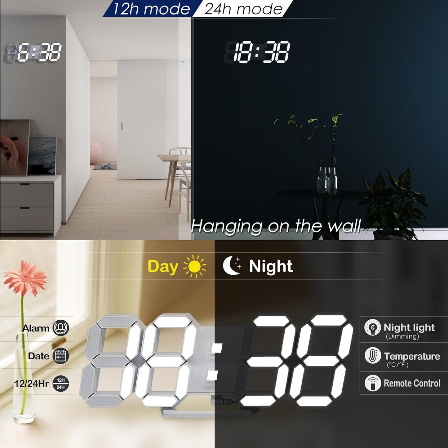 KOSUMOSU Wall Clock 15" 3D LED Digital Clock for Bedroom,Large Digital Wall Clock for Living Room Decor,Modern Aesthetic Led Clock with Remote Control