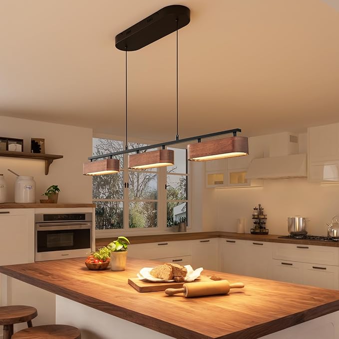 37.6" Kitchen Island Lights, 28W Wood Dining Room Light Fixtures Over Table, Dimmable Linear Pendant Lights for Kitchen Island, 3-Light Rustic Hanging Farmhouse Chandeliers, Walnut Color