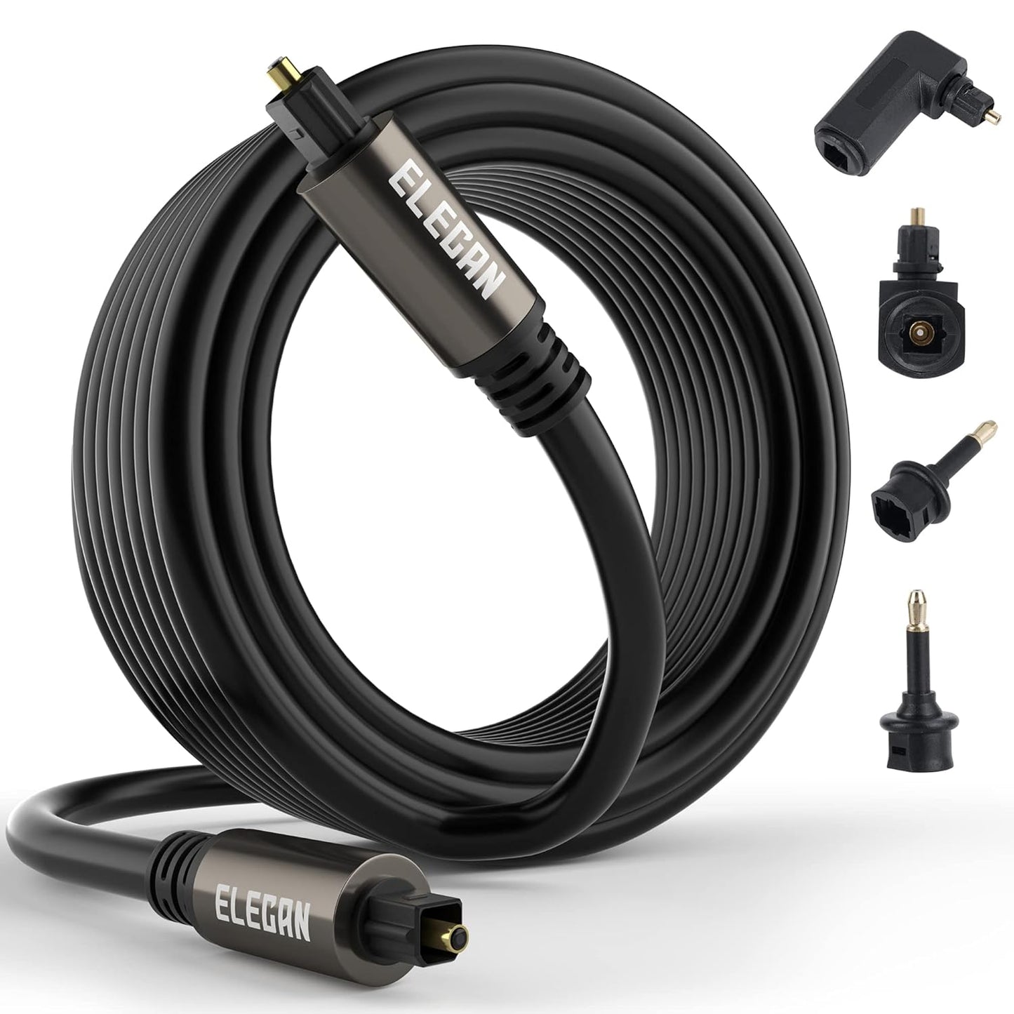 Elecan Optical Audio Cable 50 Ft Digital Audio Toslink Cable Cord-Fiber Optic-Gold Plated-Flexiable&Durable-for Home Theater,Sound Bar,PS4&Xbox-with 4 Right Angled and Mini Toslink Adapters+Ties