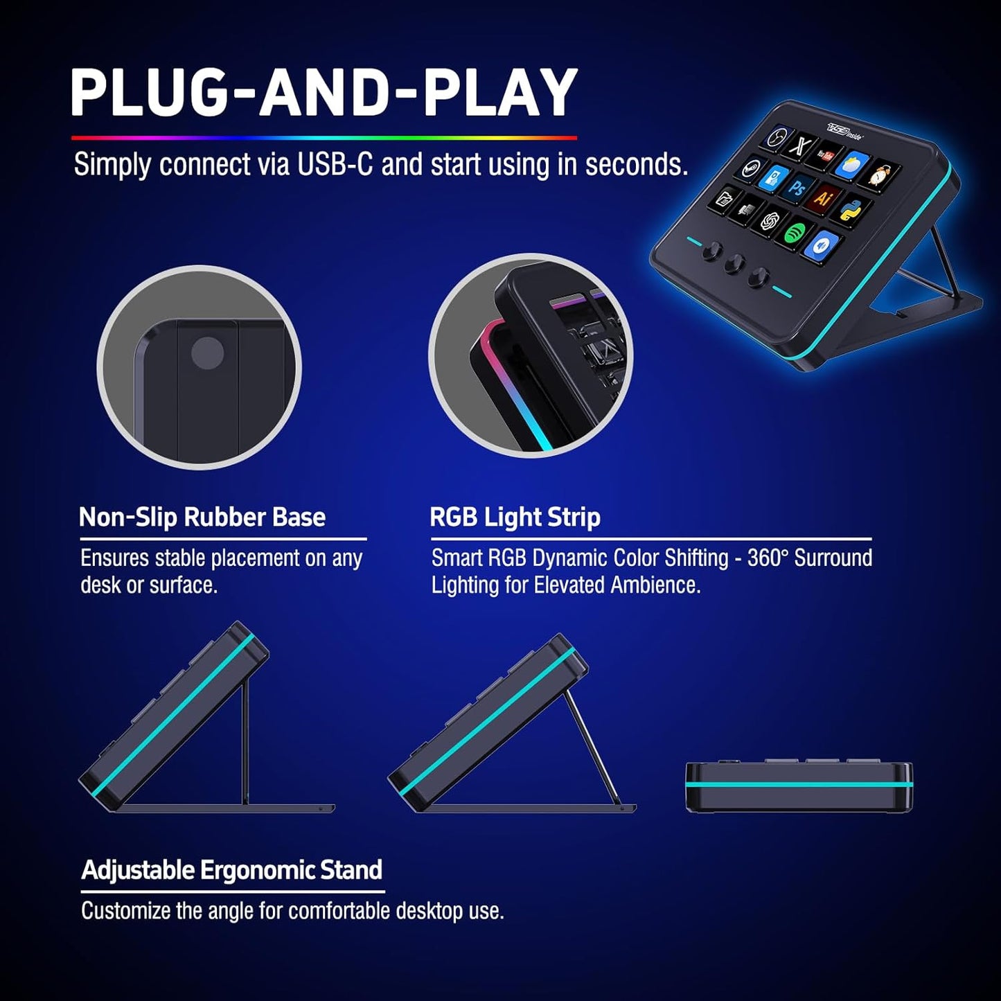 VSDINSIDE Macro Keypad, Stream Controller Deck Gaming Streaming Shortcut Keyboard, 18 Programmable Keys Customizable Visual AI Pad USB Soundboard for OBS, YouTube, Desk Office Setup, Laptop, PC, Mac