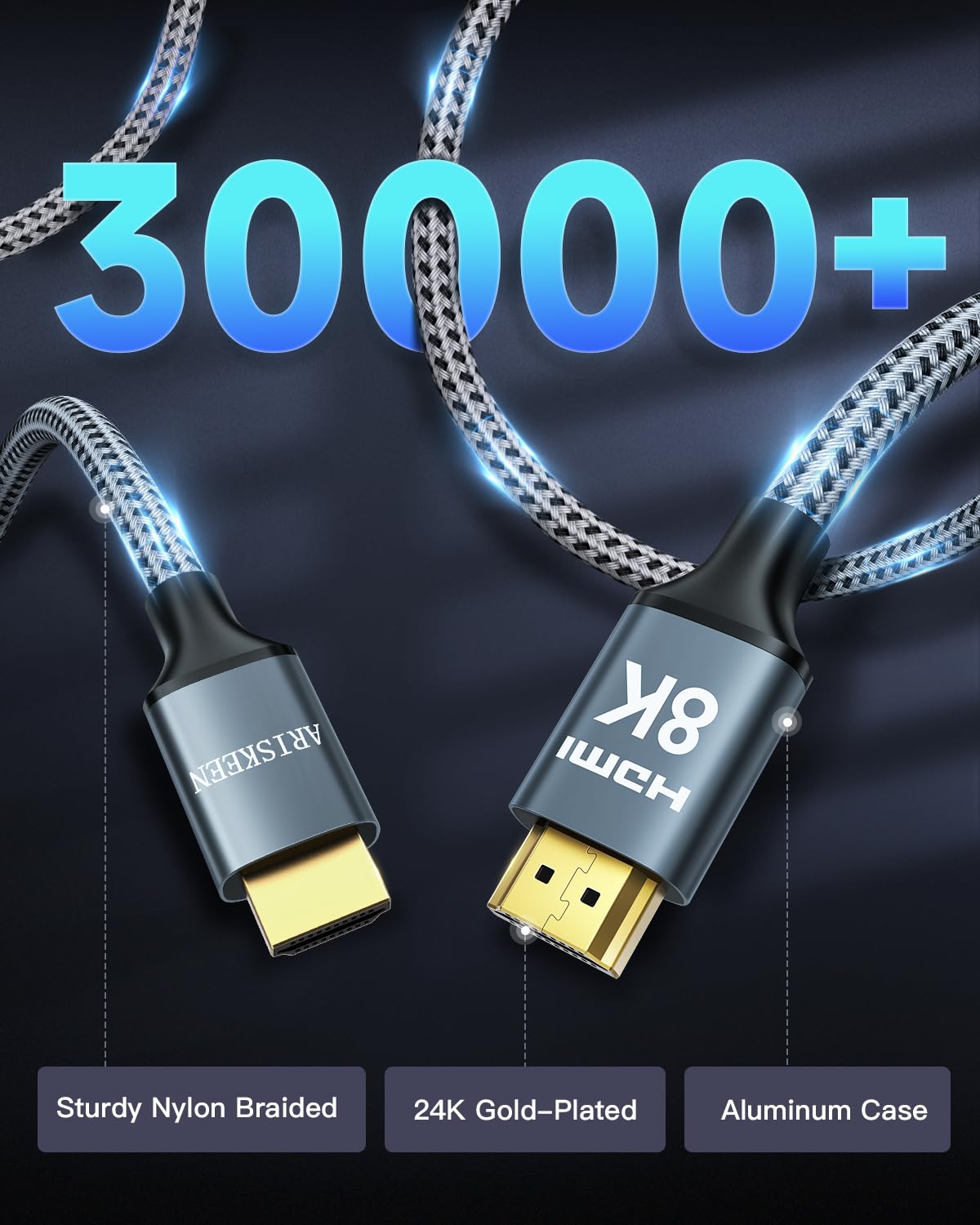 ARISKEEN 8K HDMI Cable 15FT 2-Pack, 48Gbps High Speed HDMI 2.1 Cable, 8K 60Hz, 4K 120Hz 144Hz Support for HDR 10, HDCP 2.2 2.3, eARC, DTS:X, Braided HDMI Cord Compatible with Laptop/HDTV - 15 Feet