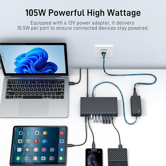 10 Port USB 3.0 Hub, Industrial Powered USB Data Hub with 12V/3A Adapter 105W Output, Rugged Metal Case Mountable USB Expander Splitter