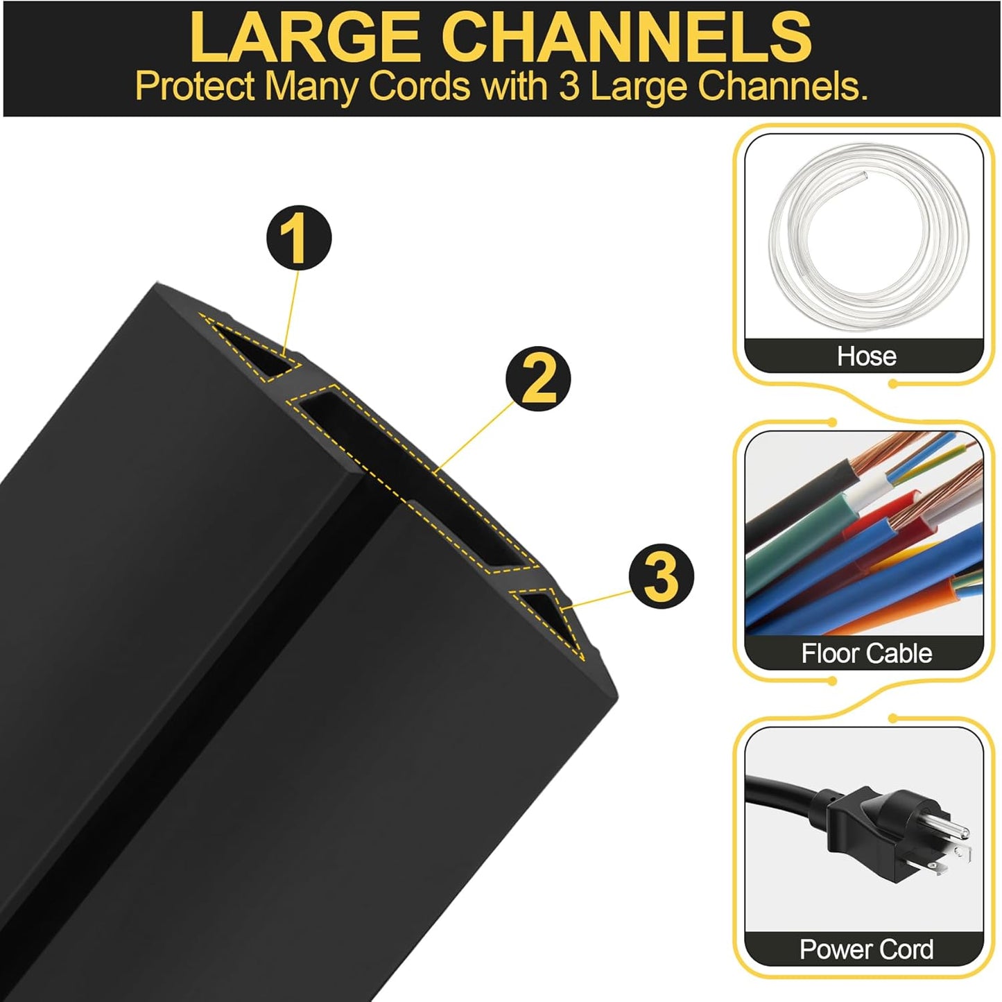 MYFAMIREA 6.5FT Floor Cord Cover Heavy Duty Cable Cover Protector 3 Channels Extension PVC Floor Wire Cover Outdoor Cord Hider Management Cord Cover for Wire on Floor for Home Office Outdoor, Black
