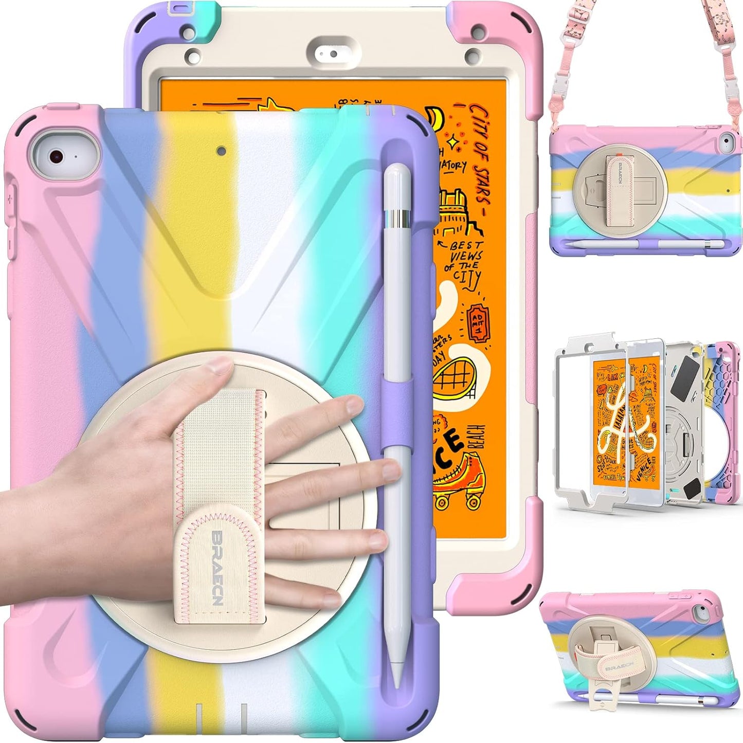 BRAECN iPad mini 5 Case,iPad mini 4 Case, Heavy Duty Shockproof Protective Rugged Case with Pencil Holder,Hand Strap,Kickstand, Shoulder Strap for iPad mini 5th/4th Generation 7.9 Inch for Kids