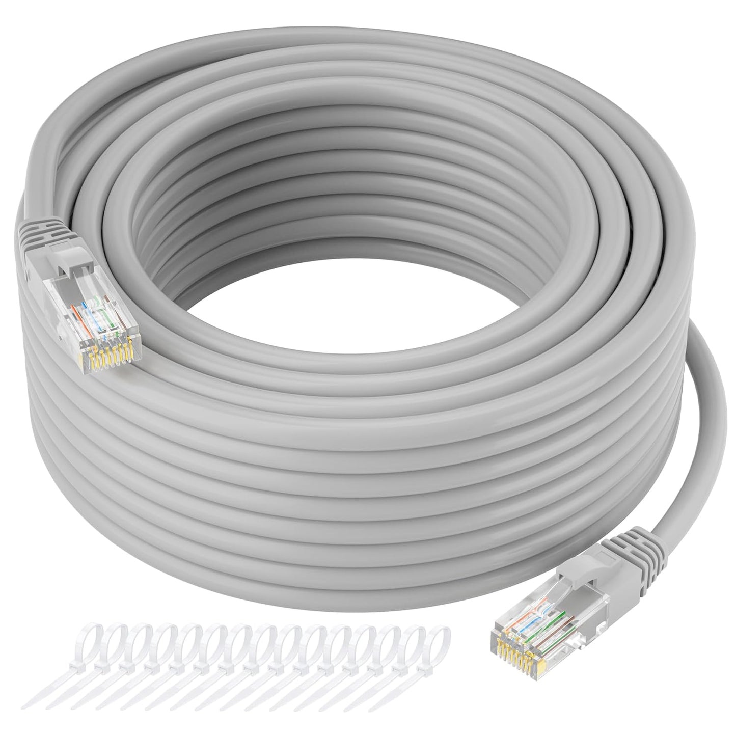 Cat5e Ethernet Cable 250 FT, Long Cat 5e Internet Cable, Grey Snagless Patch Cord, Flexible, Network, LAN, PoE, Standard RJ45 Connector for PC, Server, Router, Modem, TV, PS5 - with 15 Cable Ties