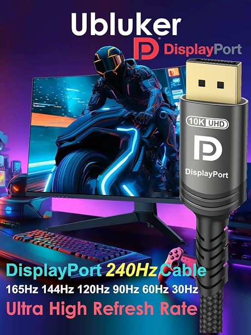 10K 8K DisplayPort 2.1 Cable 54Gbps 10 FT, Certified DP to DP Cord 4K 240Hz 165Hz 144Hz 120Hz 10K 8K 120Hz Nylon Braided UHBR HDCP2.3 FreeSync G-Sync RTX5090 Gaming Monitor PC Projector