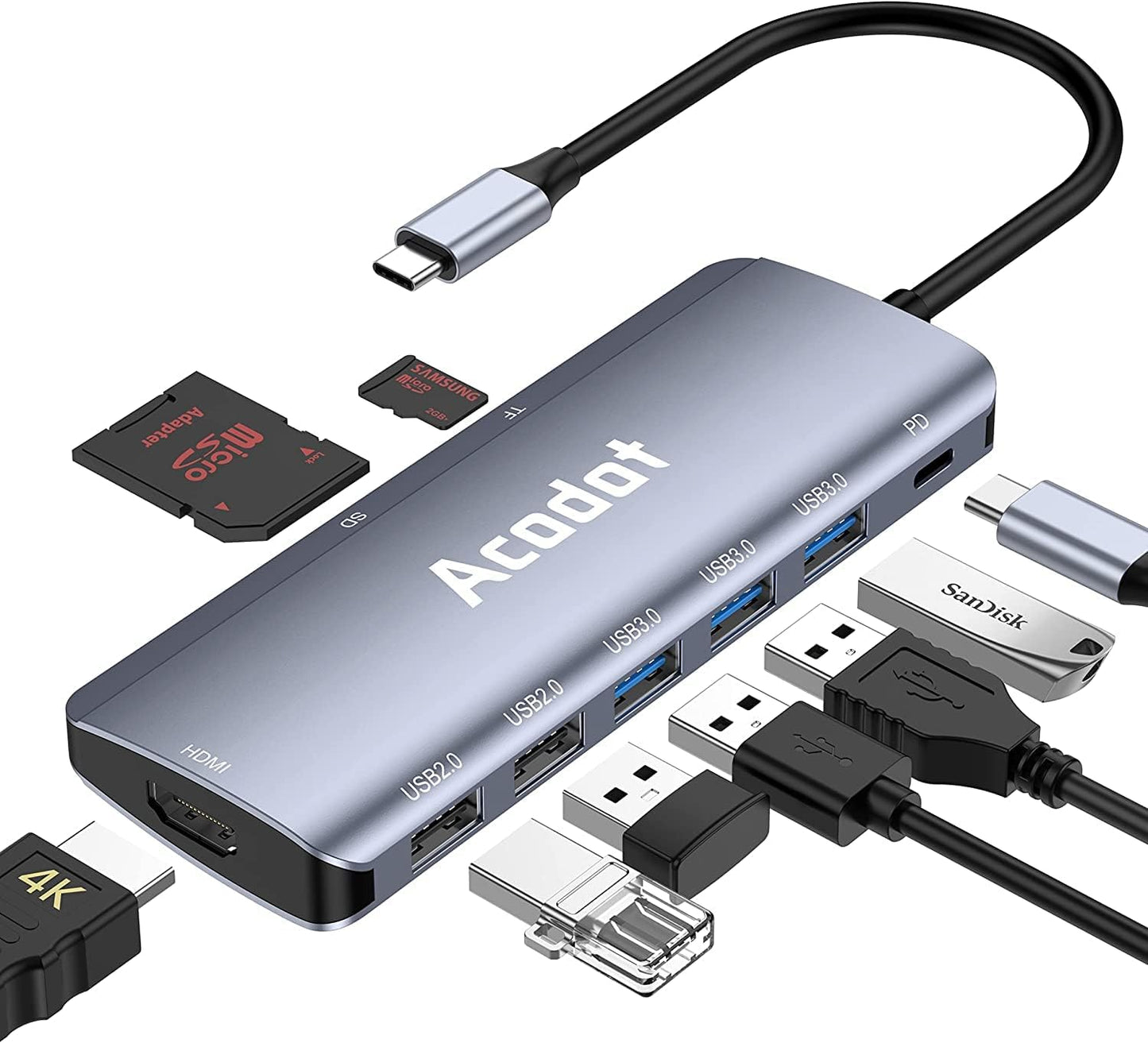 USB C Hub, Acodot 9 in 1 Type C Hub Adapter Portable Docking Station Aluminum Dongle Compatible with MacBook Pro/Thunderbolt 3 Laptops of Type C Devices, with 4K HDMI/ 5 USB Ports/ 100W PD/SD/TF
