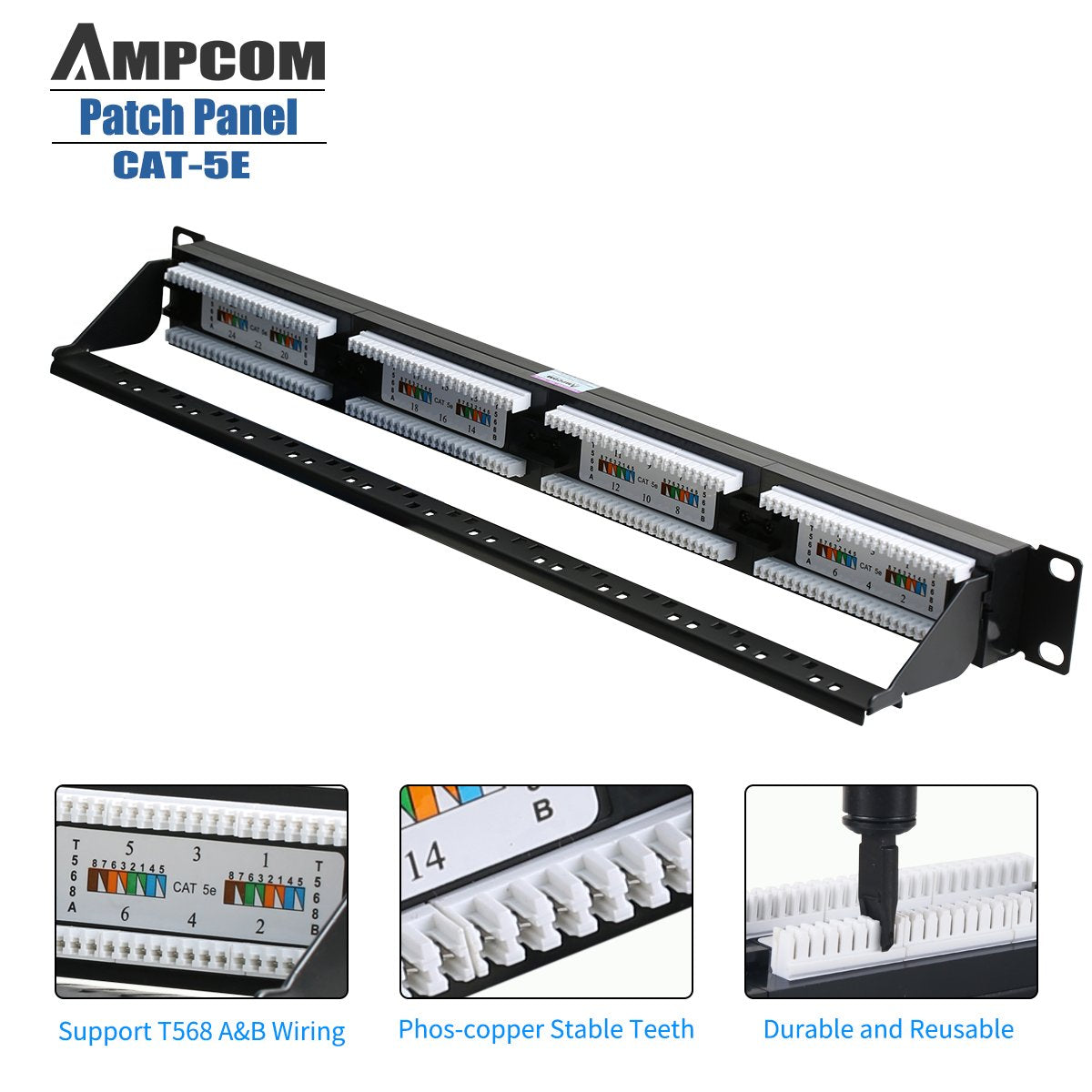 AMPCOM Premium Series CAT5/5e 24 Ports Patch Panel, Rack Mount - 1U, 19 inch, RJ45 Ethernet 568A 568B, 15u Gold Plated, with Rear Cable Support Bar