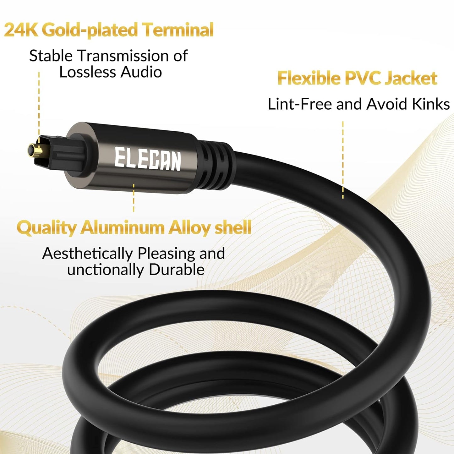 Elecan Optical Audio Cable 75 Ft Digital Audio Toslink Cable Cord-Fiber Optic-Gold Plated-Flexiable&Durable-for Home Theater,Sound Bar,PS4&Xbox-with 4 Right Angled and Mini Toslink Adapters+Ties