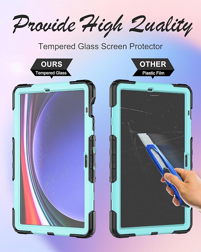 Case for Samsung Galaxy Tab S10 Plus/ S9 FE Plus/ S9 Plus 5G Tablet 12.4'', Shockproof Protective Cover with [Tempered Glass Screen Protector], Stand, Shoulder Strap & S Pen Holder (SkyBlue)