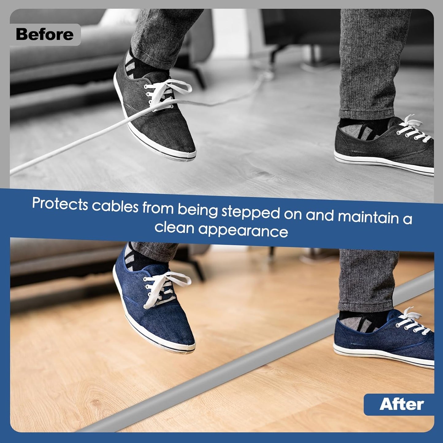 Floor Cord Cover for Wires on Floor Self Adhesive Cord Hider Floor Cable Management Wire Covers for Cords Protector Prevent Cable Trips Cord Cavity W 0.47" x H 0.27", Gray, 3.3Ft