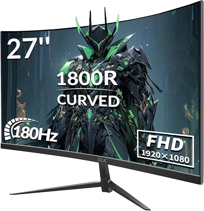 ZZA 27 Inch Curved Computer Monitor,200Hz|180Hz|144Hz Pc Monitors FHD 1080P 1800R VA Screen, Monitor 27 inch 100% sRGB, AMD FreeSync Eye Care Ultra-Thin Bezels HDMI & DP Port