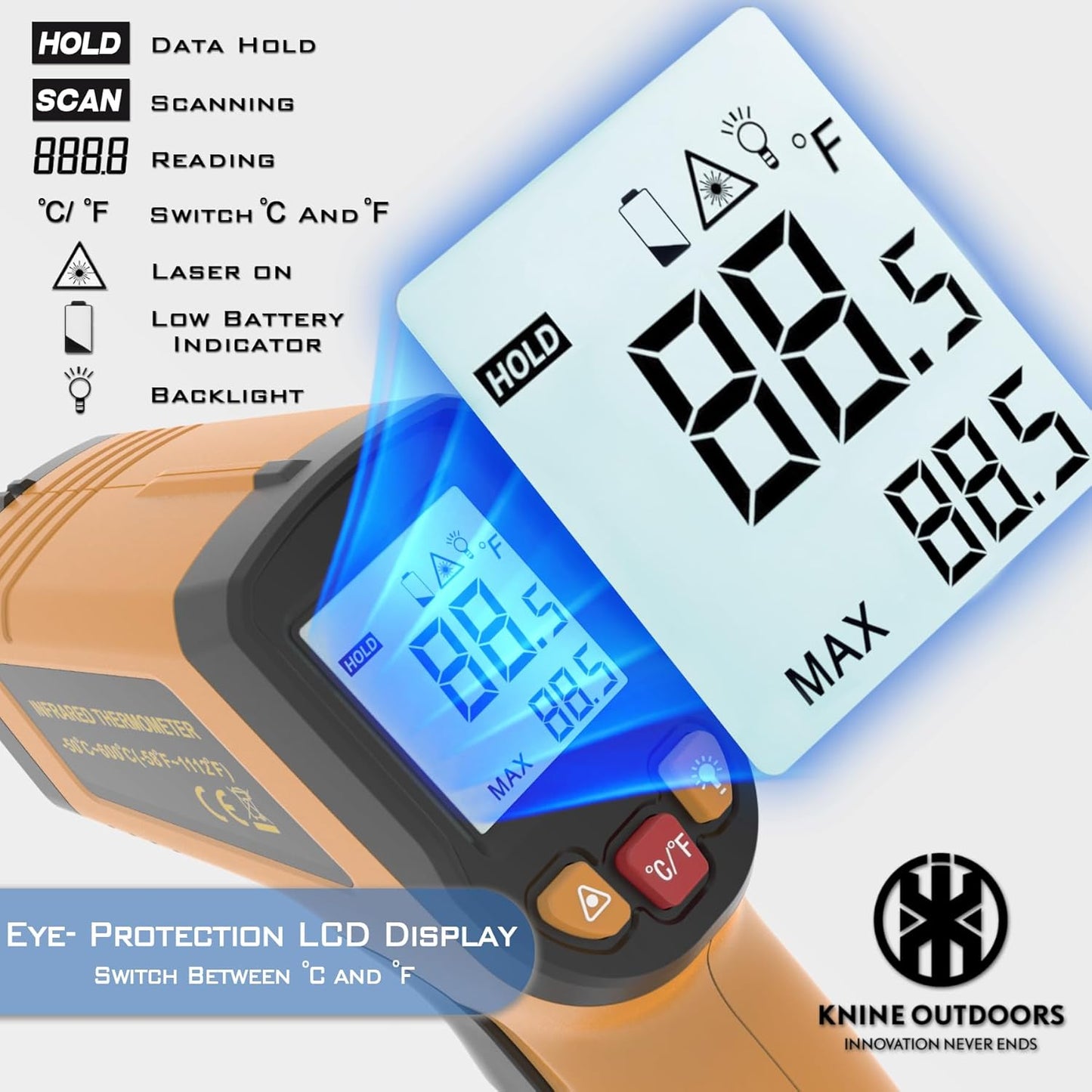 KNINE OUTDOORS Infrared Thermometer Laser Temperature Gun, -58℉ to 1112℉, Single Laser Targeting, Distance to Spot Ratio 12:1, for Cooking, Oven and Meat (Orange)