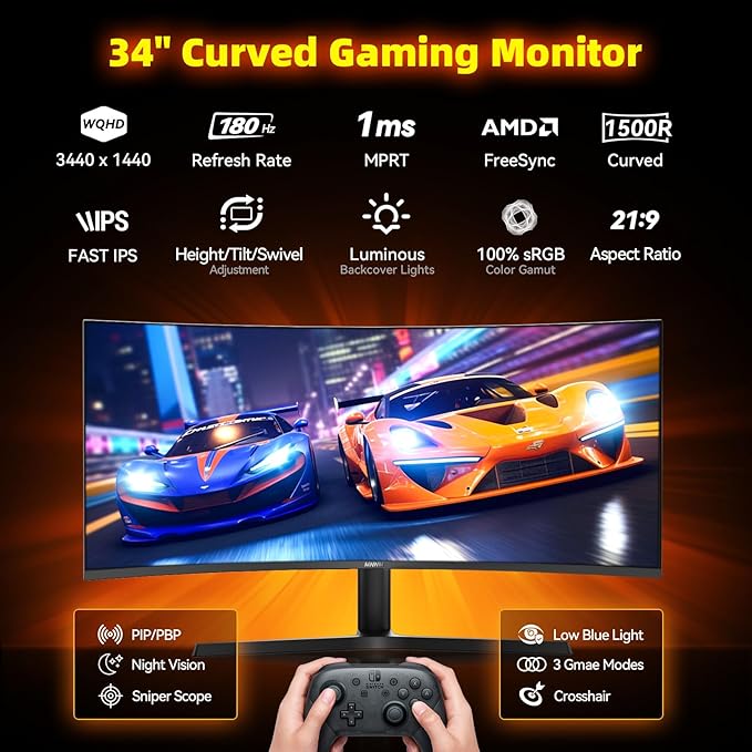 34 Inch Ultrawide Gaming Monitor - 21:9 WQHD 3440 x 1440 R1500 Curved Computer Monitor for Gamer, 180Hz 1ms AMD FreeSync PIP/PBP Crosshair TÜV Eye Care, HDMI 2.0 & DP1.4, Tilt/Height/Swivel Stand