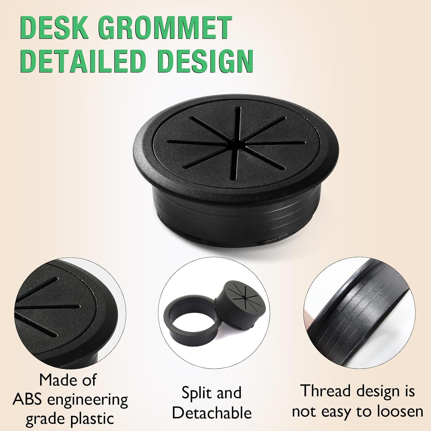 2 Pcs Desk Grommet 2-1/16" / 53 mm, Desk Hole Cover for Cables Grey, Cable Grommet ABS Plastic, Desk Hole Grommet for Home & Office Pc, Detachable Cable Cord Organizer